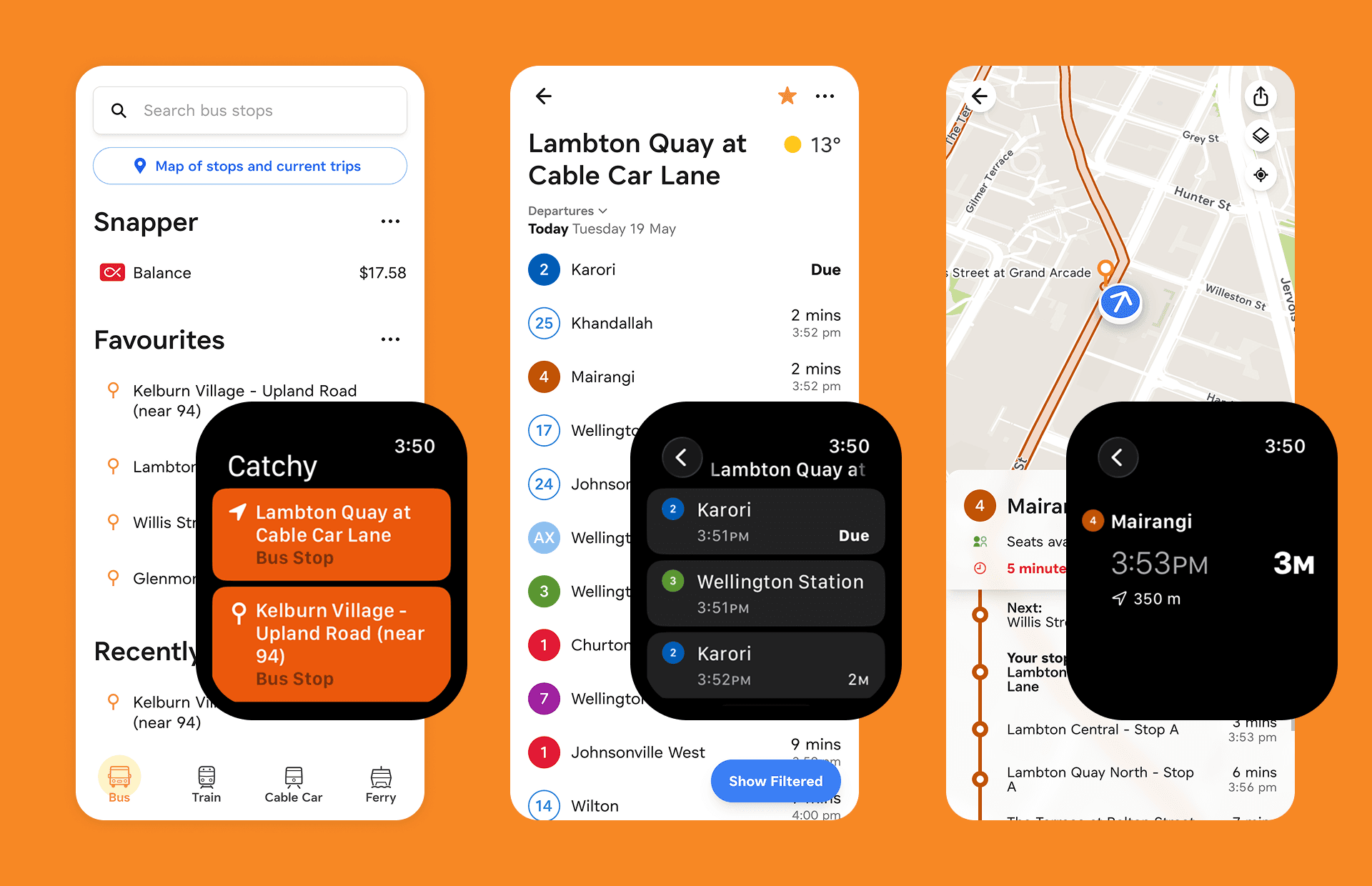Catchy stop board, favourites, and watch views showing key transit decisions at a glance