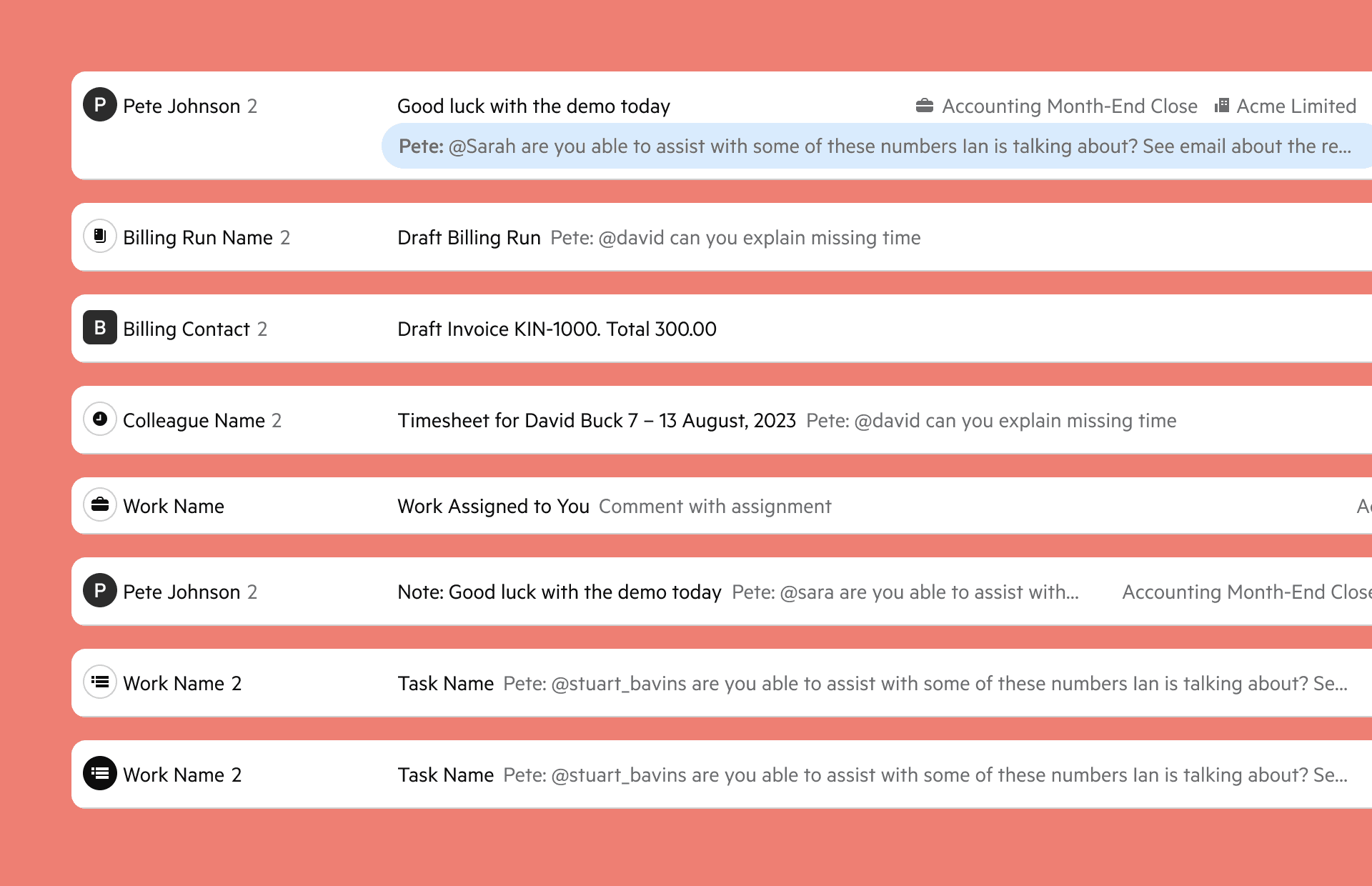 Karbon Triage notification types including email, mentions, notes, work assignments and Client Requests using one item model