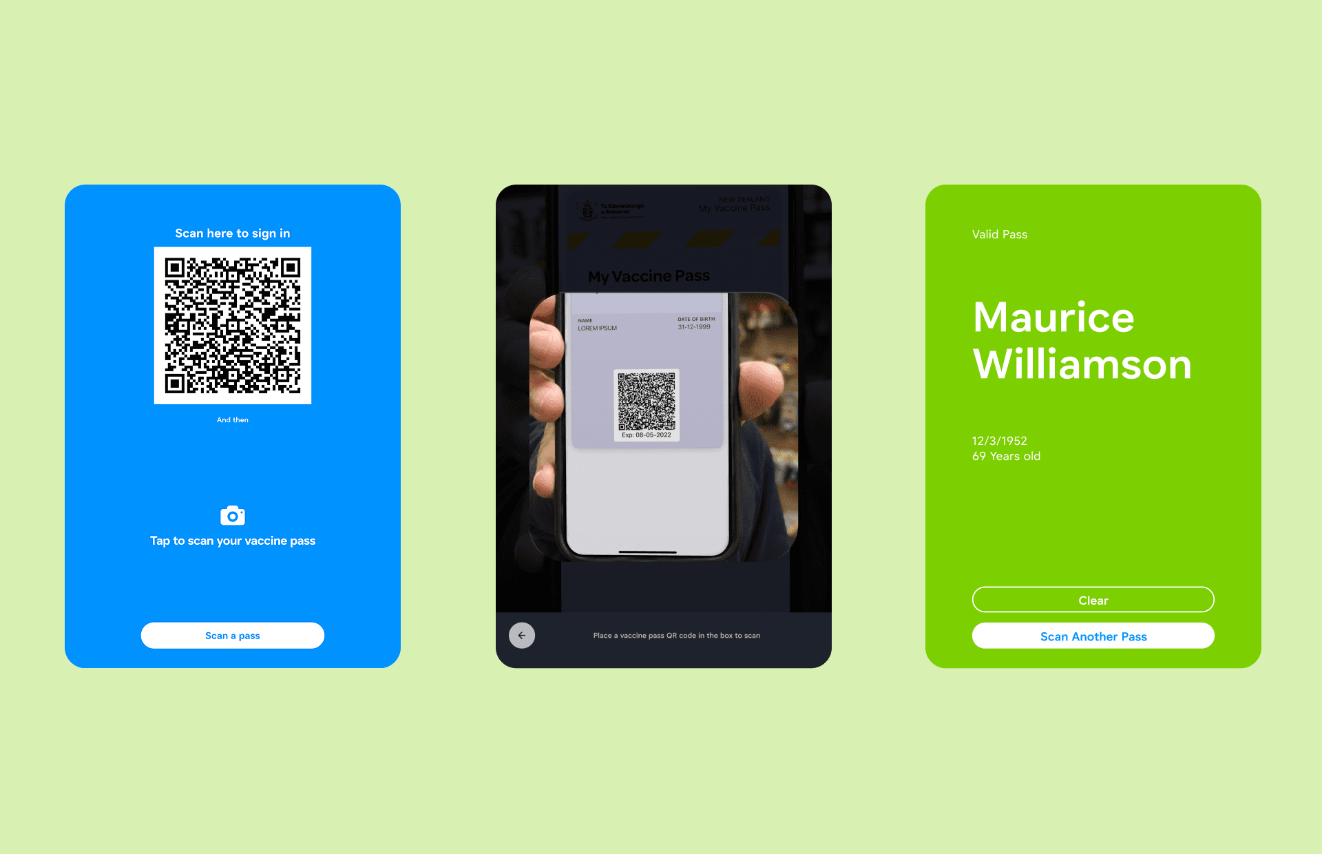 Checky kiosk flow showing venue QR display, vaccine pass scan and on-device verification