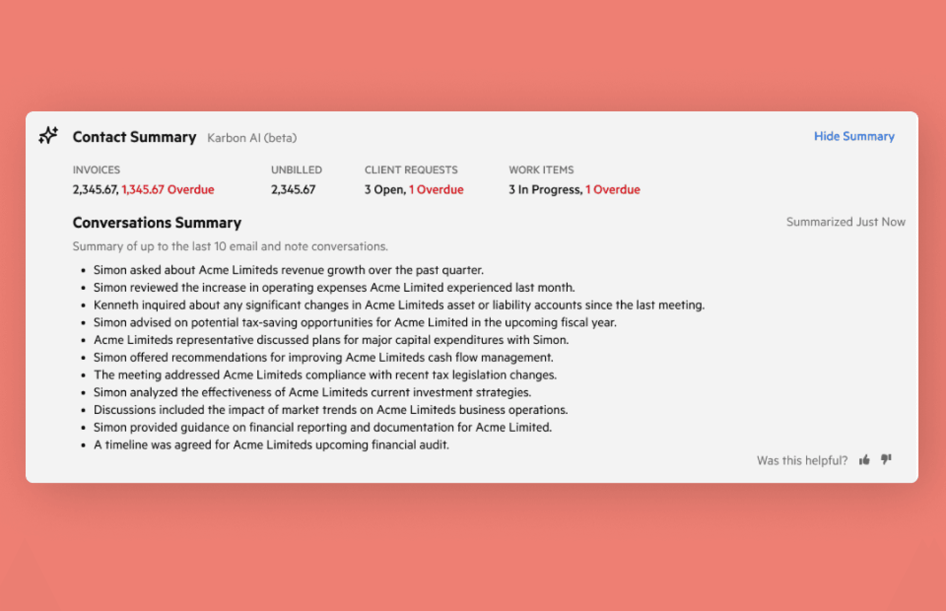 Karbon AI suggestions shown inside an existing workflow with user review controls