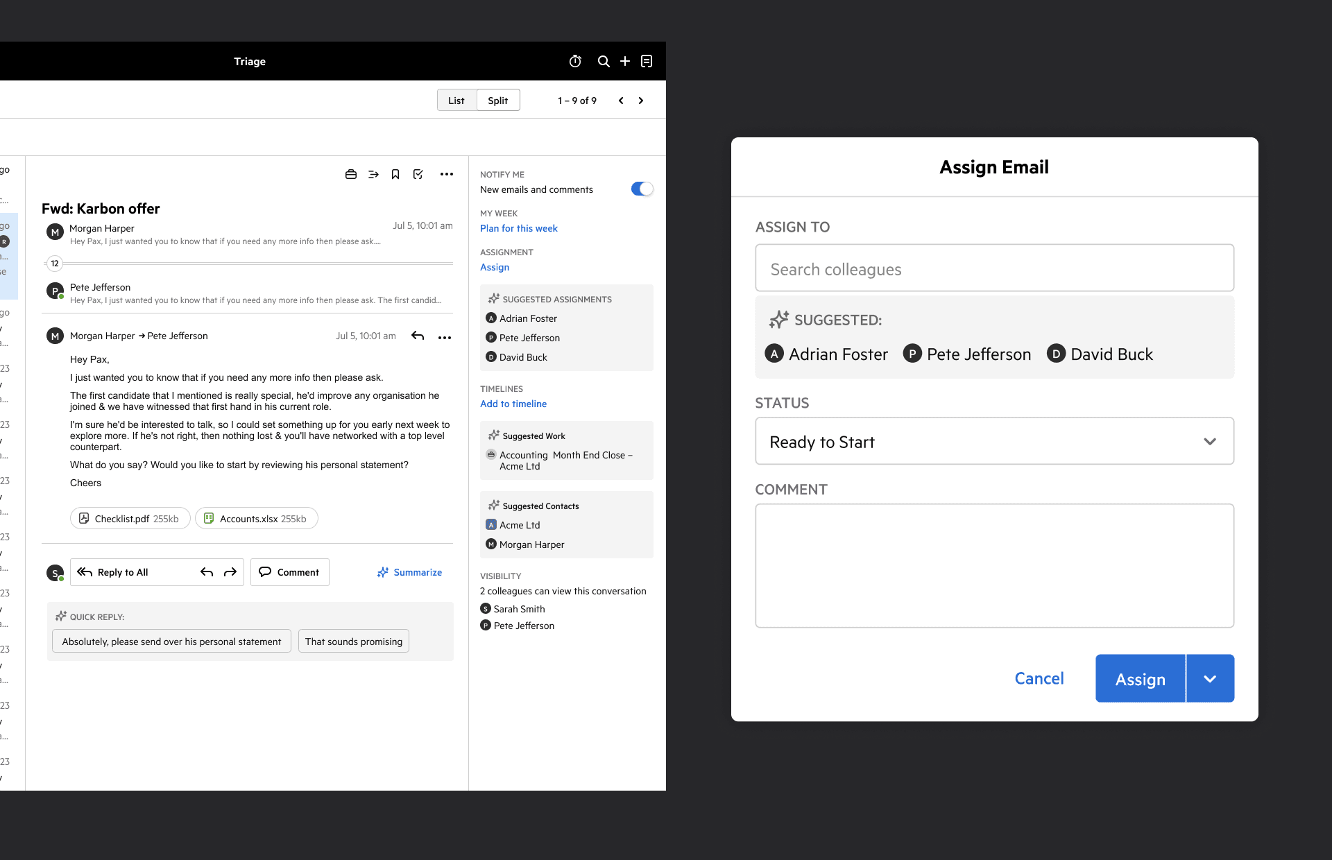 Karbon AI smart suggestions for related work items and contacts