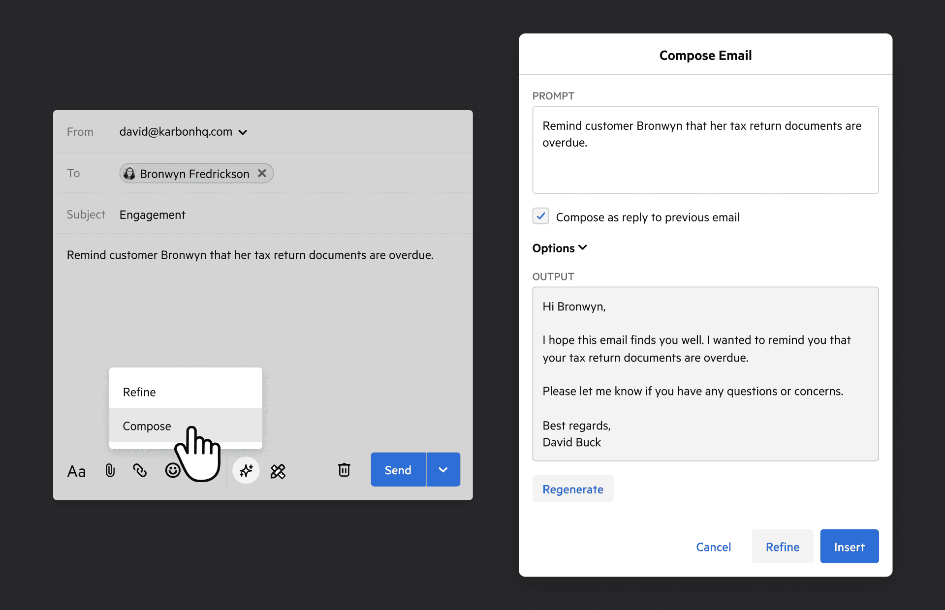 Karbon AI email composer with AI actions placed inside the existing Triage workflow