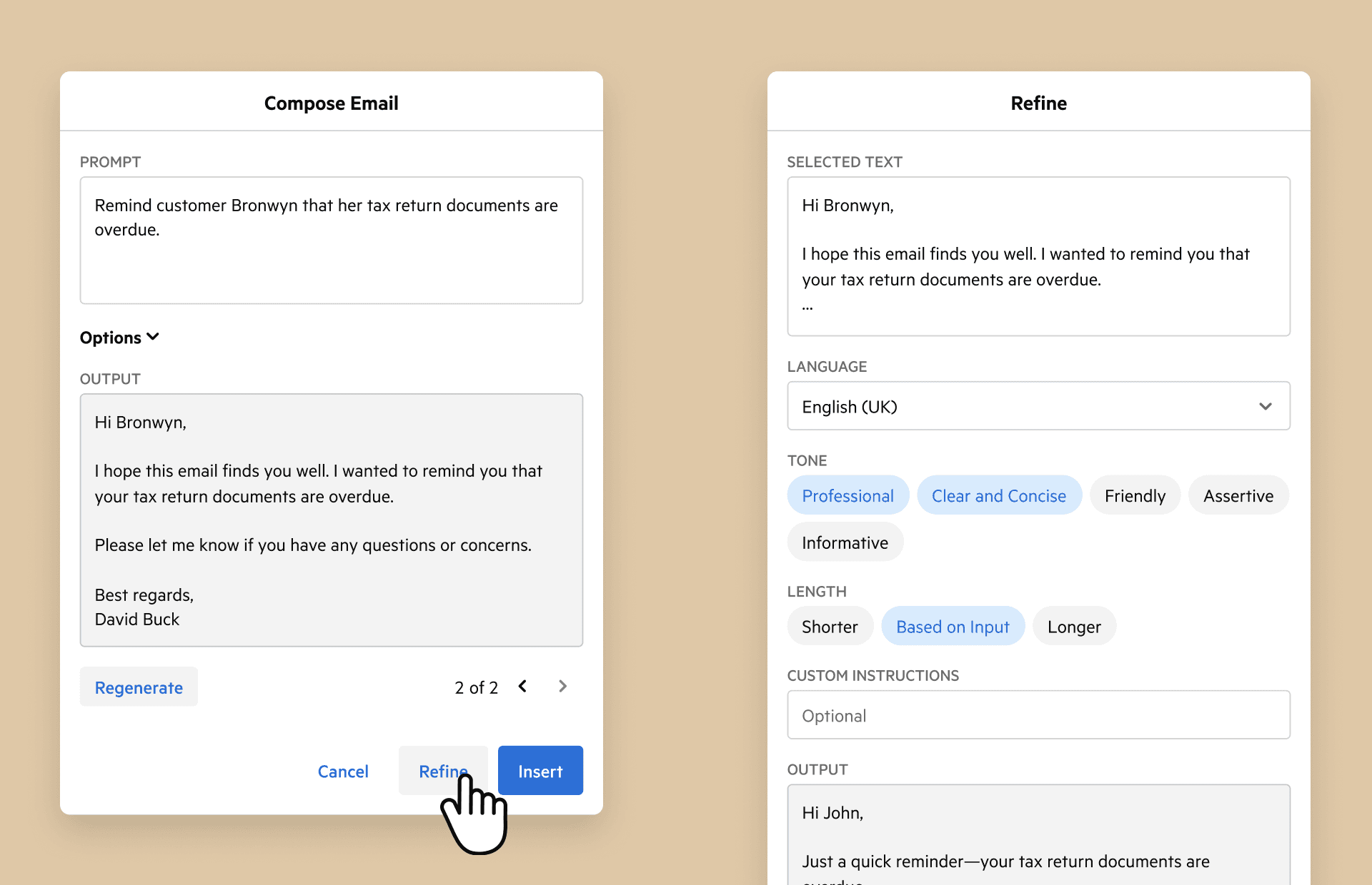 Karbon AI draft output shown in an editable email composer for review and expansion